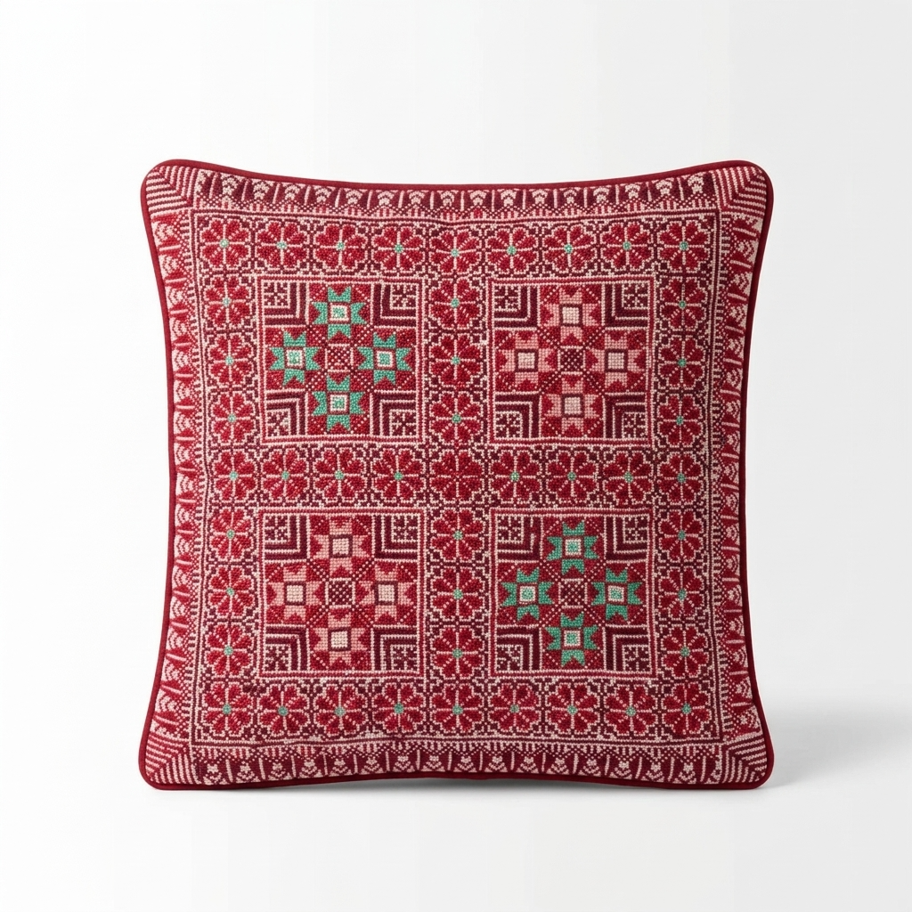 Red Hand-Stitched Tatreez Cushion Cover - August 2026 Edition