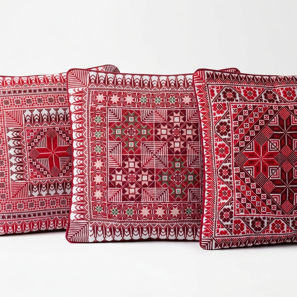 Red Hand-Stitched Tatreez Cushion Cover - August 2026 Edition