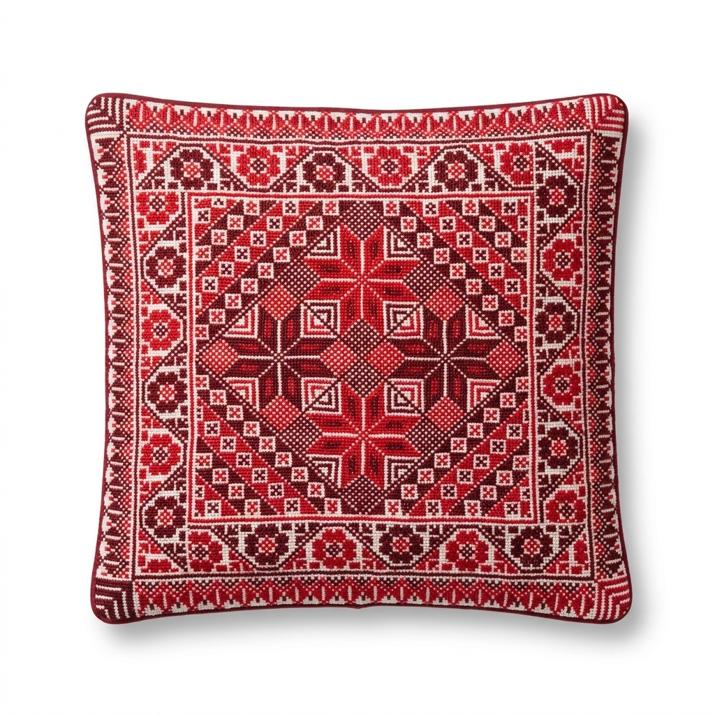 Red Hand-Stitched Tatreez Cushion Cover - August 2026 Edition