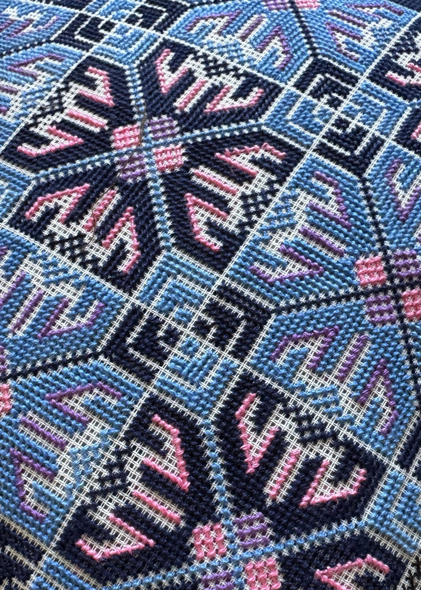 Handmade Tatreez Cushion Cover – Blue with Pink Diamond Flowers on Navy | Palestinian Embroidery (16"x16")