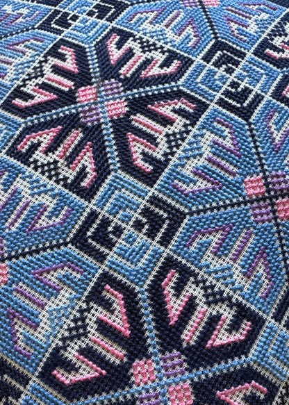 Handmade Tatreez Cushion Cover – Blue with Pink Diamond Flowers on Navy | Palestinian Embroidery (16"x16")