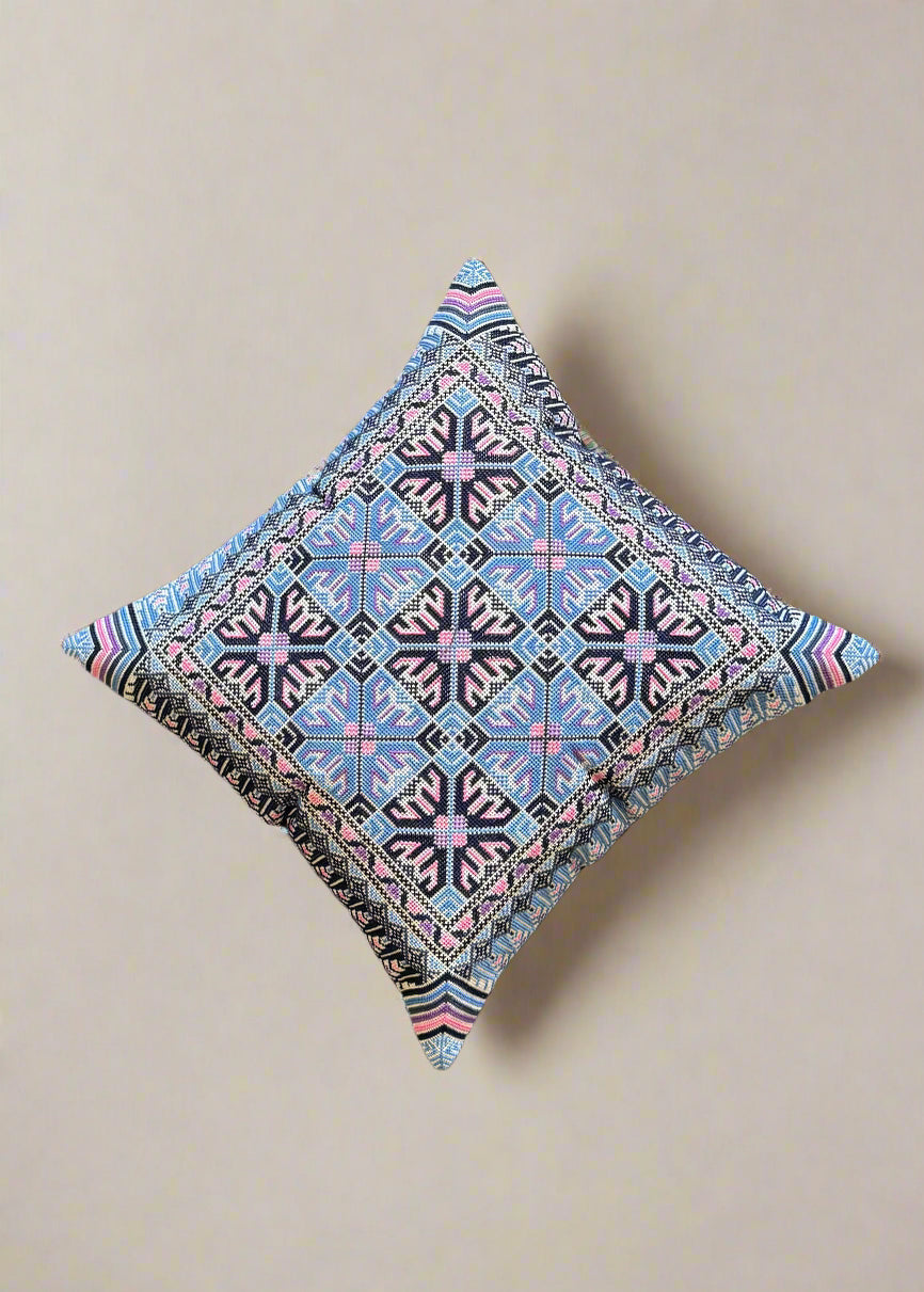 Handmade Tatreez Cushion Cover – Blue with Pink Diamond Flowers on Navy | Palestinian Embroidery (16"x16")