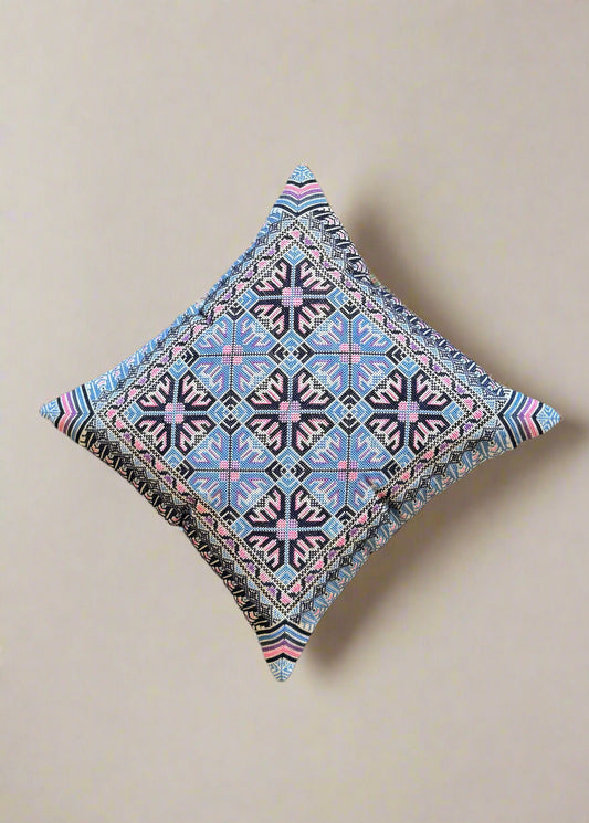 Handmade Tatreez Cushion Cover – Blue with Pink Diamond Flowers on Navy | Palestinian Embroidery (16"x16")