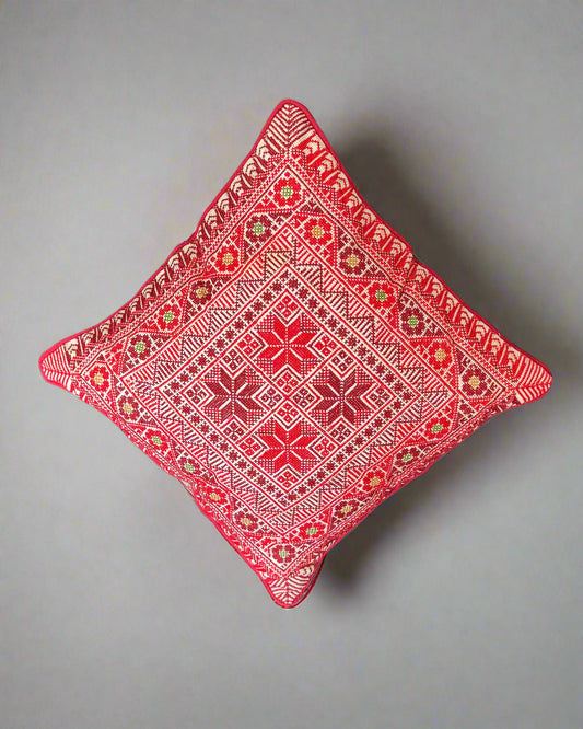 Handmade Tatreez Cushion Cover – Red with Yellow & Green Flowers | Palestinian Embroidery (16"x16")
