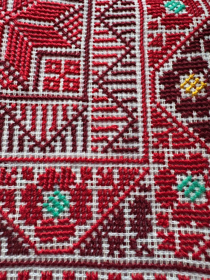 Handmade Tatreez Cushion Cover – Red with Yellow & Teal Flowers | Palestinian Embroidery (16"x16")