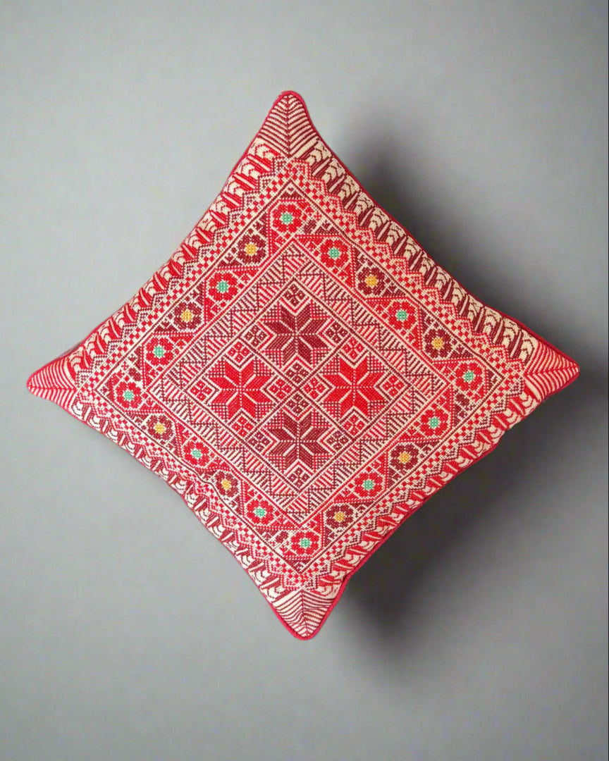 Handmade Tatreez Cushion Cover – Red with Yellow & Teal Flowers | Palestinian Embroidery (16"x16")