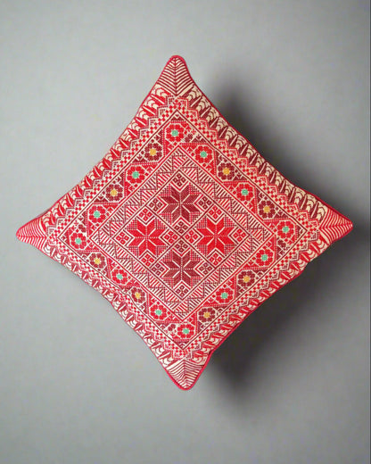 Handmade Tatreez Cushion Cover – Red with Yellow & Teal Flowers | Palestinian Embroidery (16"x16")