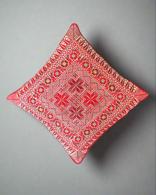 Handmade Tatreez Cushion Cover – Red with Yellow & Teal Flowers | Palestinian Embroidery (16"x16")