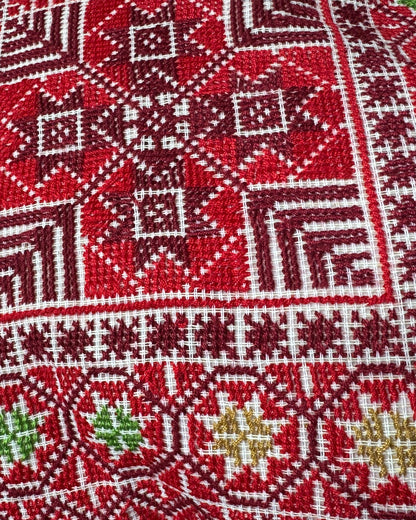 Handmade Tatreez Cushion Cover - Red with Green & Yellow Stars | Palestinian Embroidery (16"x16")