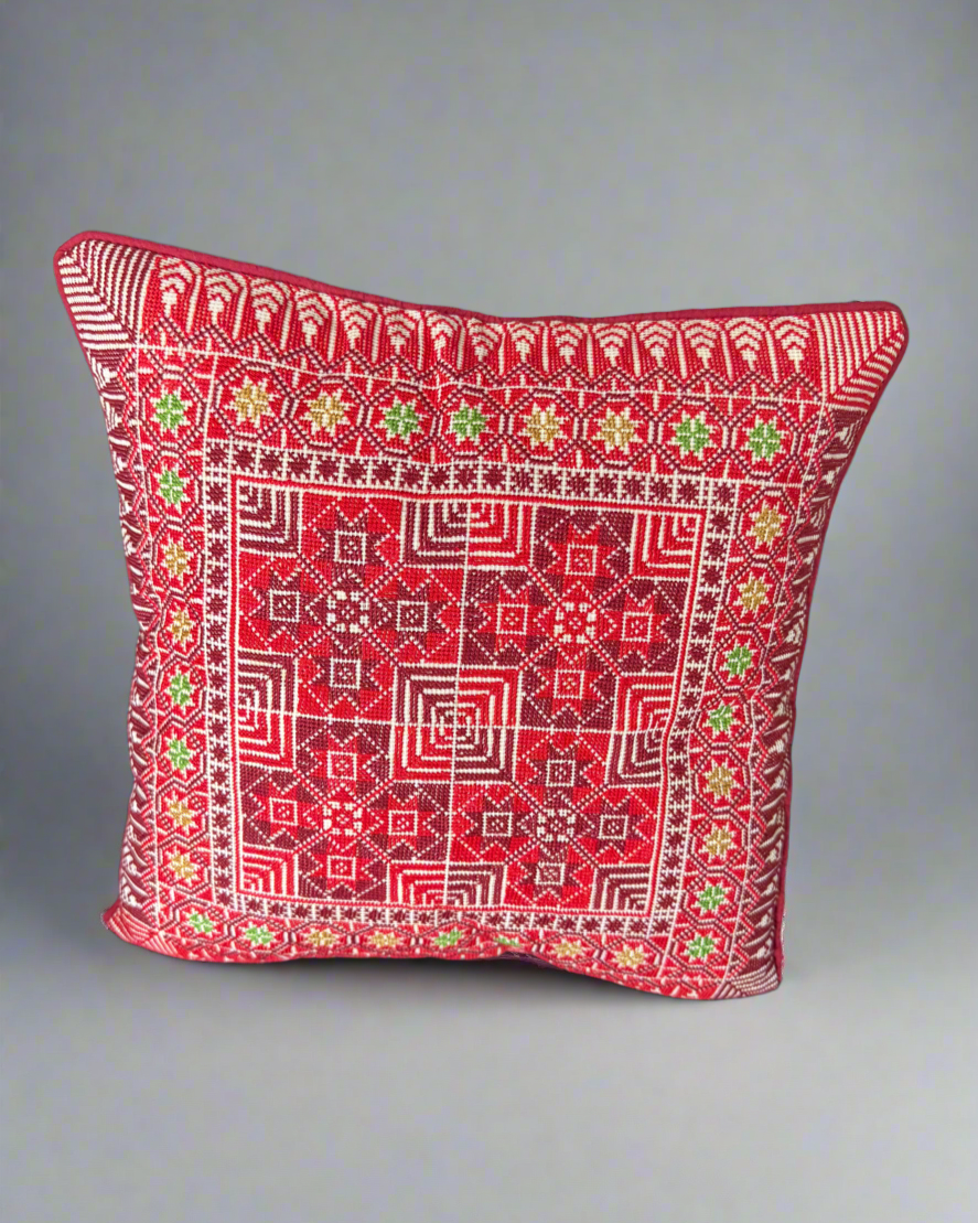 Handmade Tatreez Cushion Cover - Red with Green & Yellow Stars | Palestinian Embroidery (16"x16")