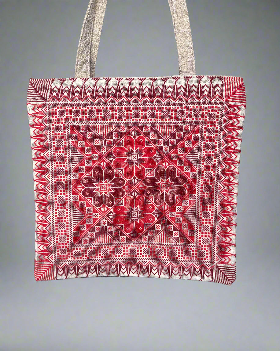 Handmade Red Tatreez Tote Bag with 4 Flowers – Palestinian Embroidery