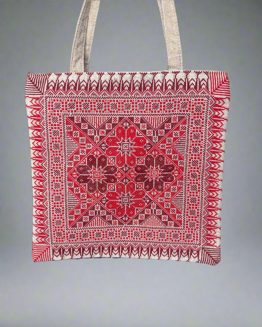 Handmade Tatreez Tote Bag – Red with 4 Flowers | Palestinian Embroidery