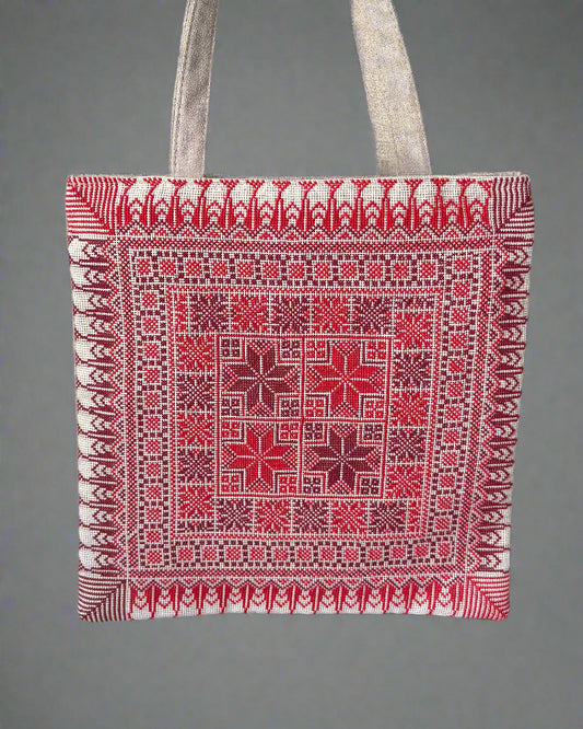 Handmade Tatreez Tote Bag – Red with 4 Stars | Palestinian Embroidery
