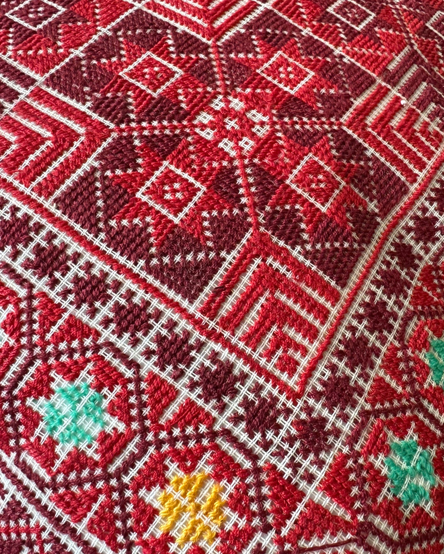 Handmade Tatreez Cushion Cover - Red with Teal & Yellow Stars | Palestinian Embroidery (16"x16")