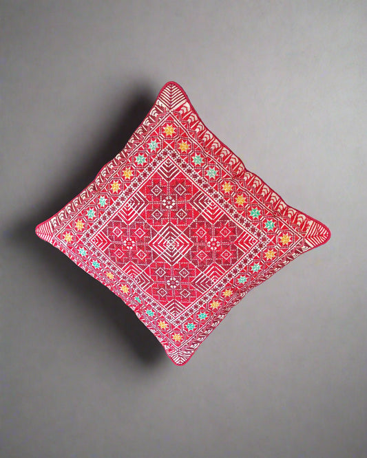 Handmade Tatreez Cushion Cover - Red with Teal & Yellow Stars | Palestinian Embroidery (16"x16")