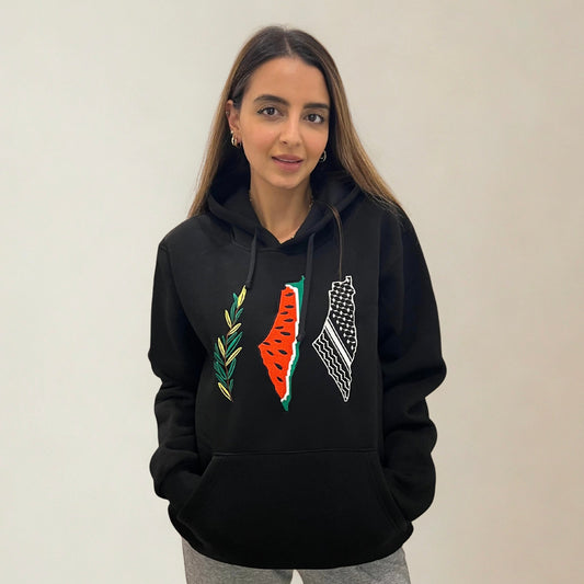 Palestine Maps Tatreez Hoodie - Black or White | Watermelon Kufiya Olive Leaves