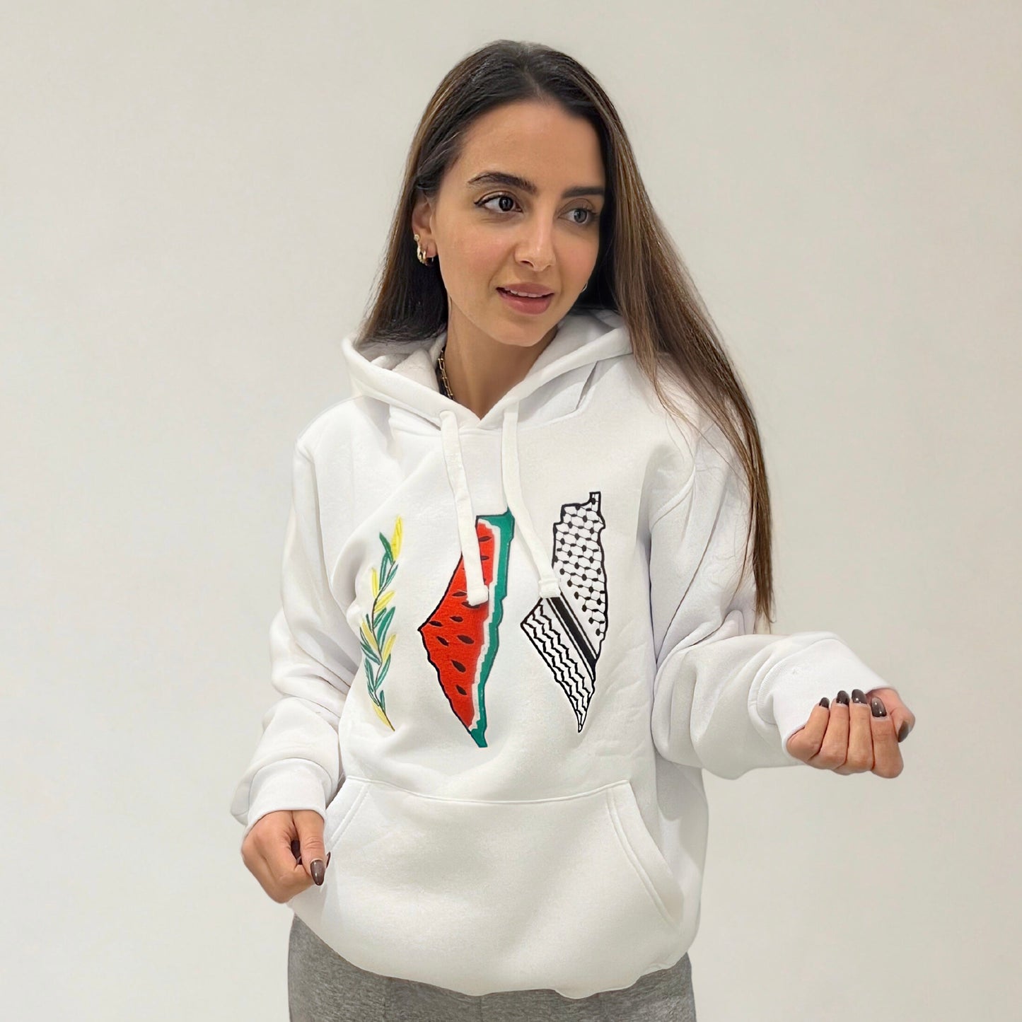 Palestine Maps Tatreez Hoodie - Black or White | Watermelon Kufiya Olive Leaves