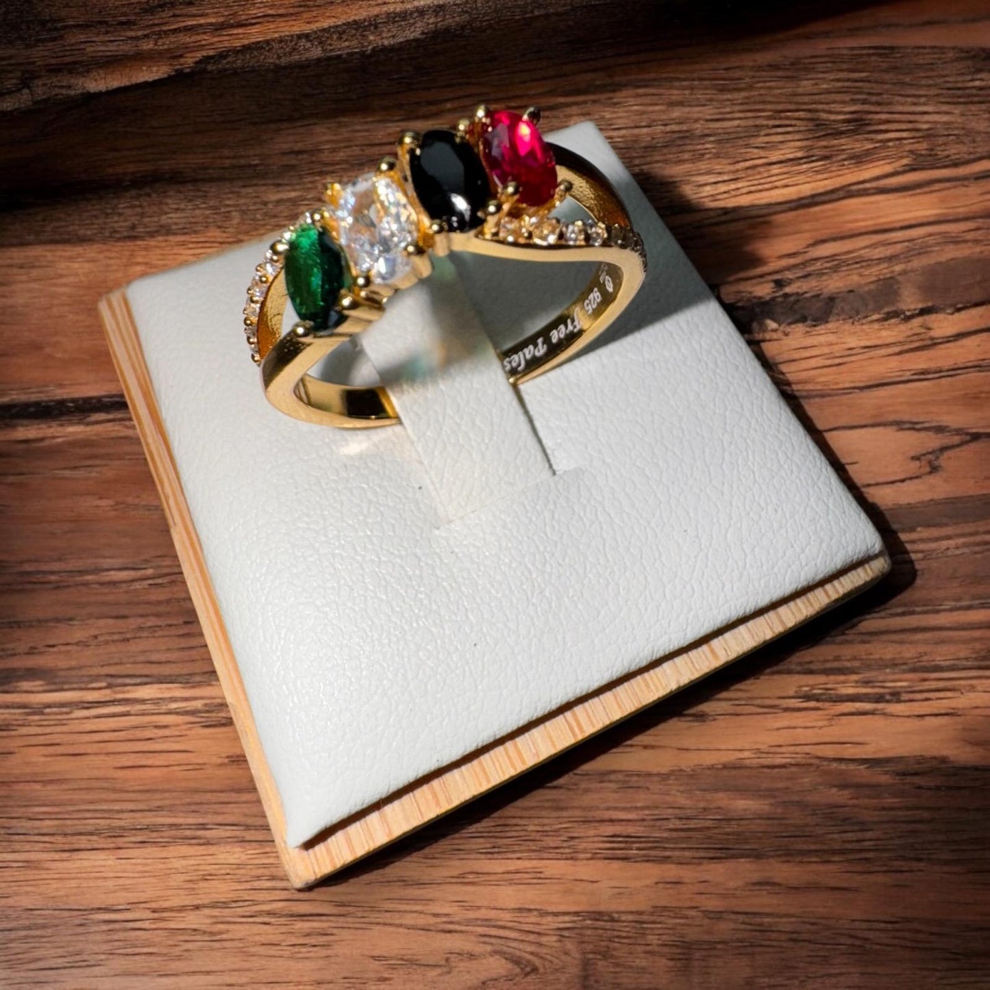 Palestine Flag Ring | Gold-Plated Sterling Silver with Red, Black, White & Green Stones