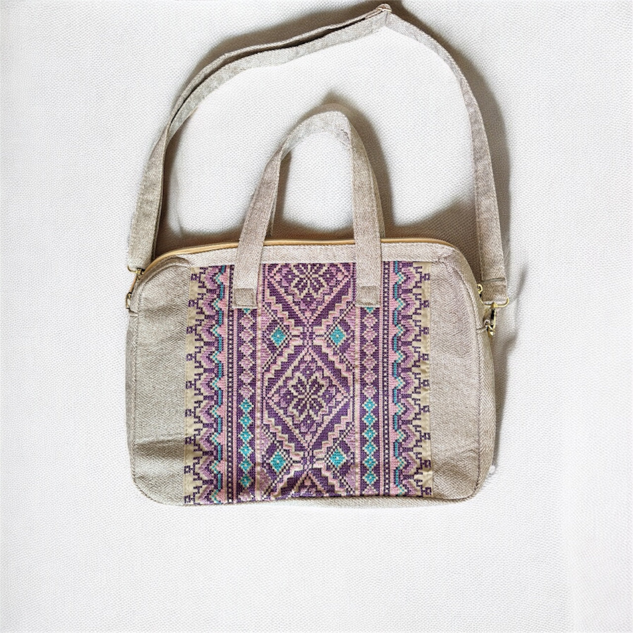 Lavender Tatreez Laptop Bag - Beige Base | Made by Palestinian Artisans