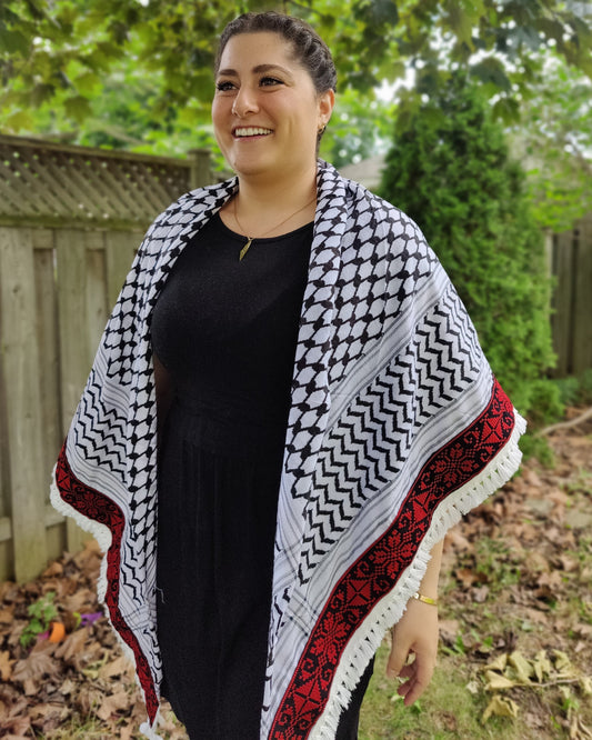 Royal Palestinian Kufiyyah with Red Tatreez – Double Layered