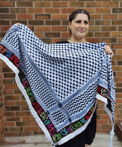 Palestinian Cities Kufiya (Keffiyeh) | Triangle Shawl with Embroidered City Names – Made in Jordan