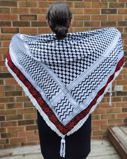 Tatreez Kufiya (Keffiyeh) | Triangle Shawl with Red Embroidered Border – Made in Jordan - Palestinian Scarf