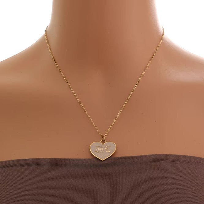 Pearl Heart Necklace | "Will You Free My Palestine" - 18k Gold Plating Stainless Steel - Palestine Jewelry