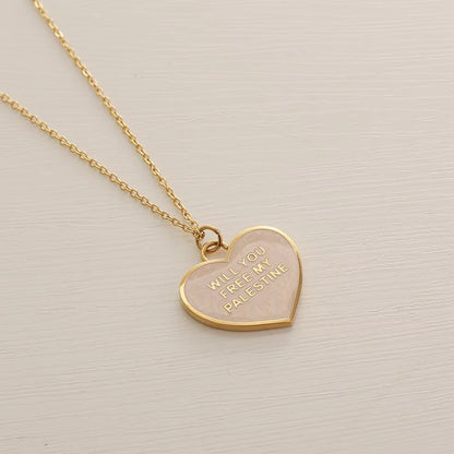 Pearl Heart Necklace | "Will You Free My Palestine" - 18k Gold Plating Stainless Steel - Palestine Jewelry
