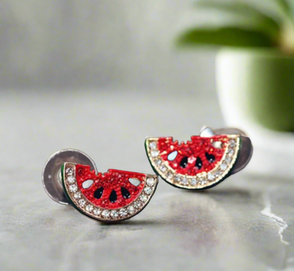 Watermelon Earrings | Sterling Silver with Pave Stones - Palestinian Solidarity - Palestine Jewelry