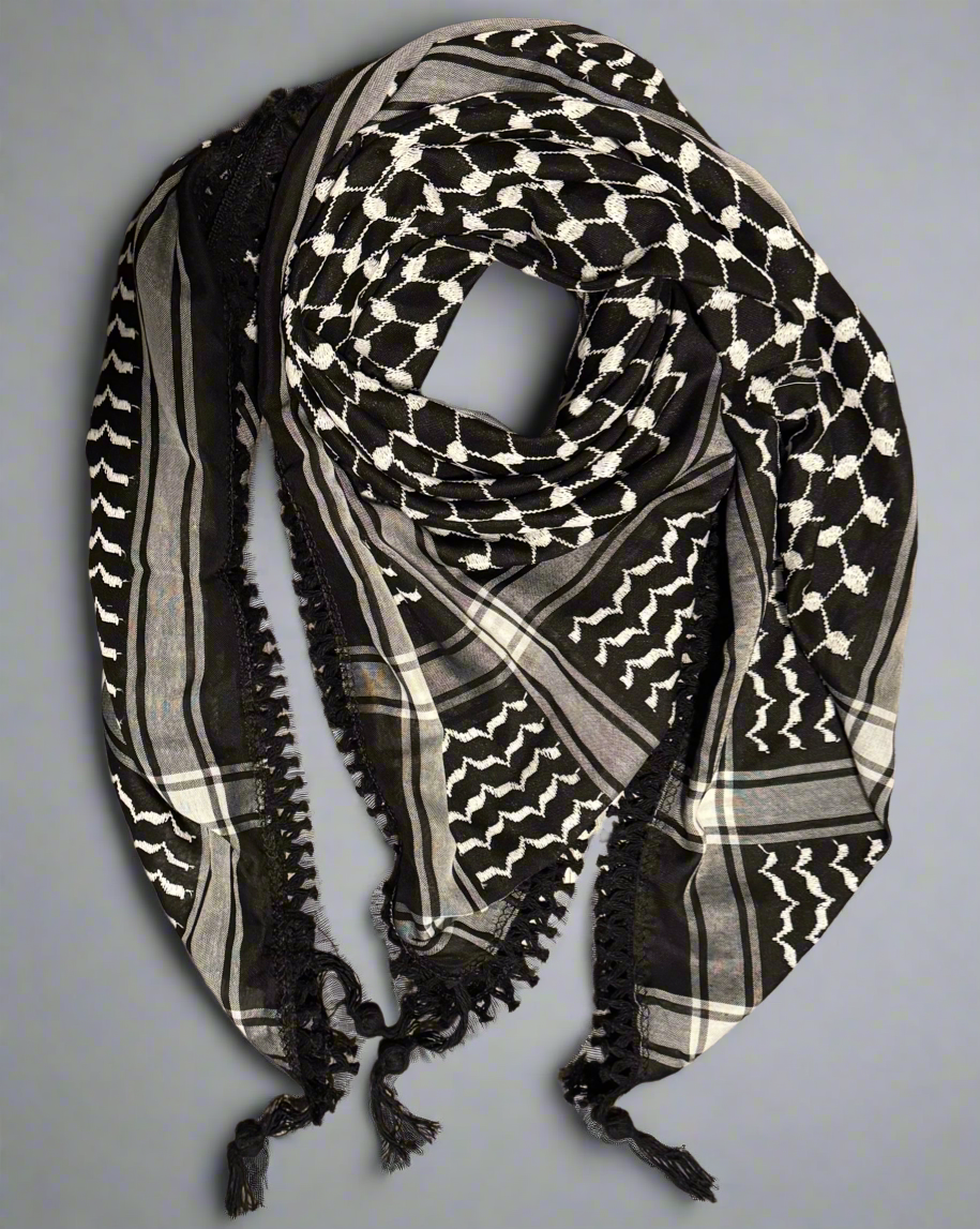 Handmade Palestinian inversed white on black kufiyya