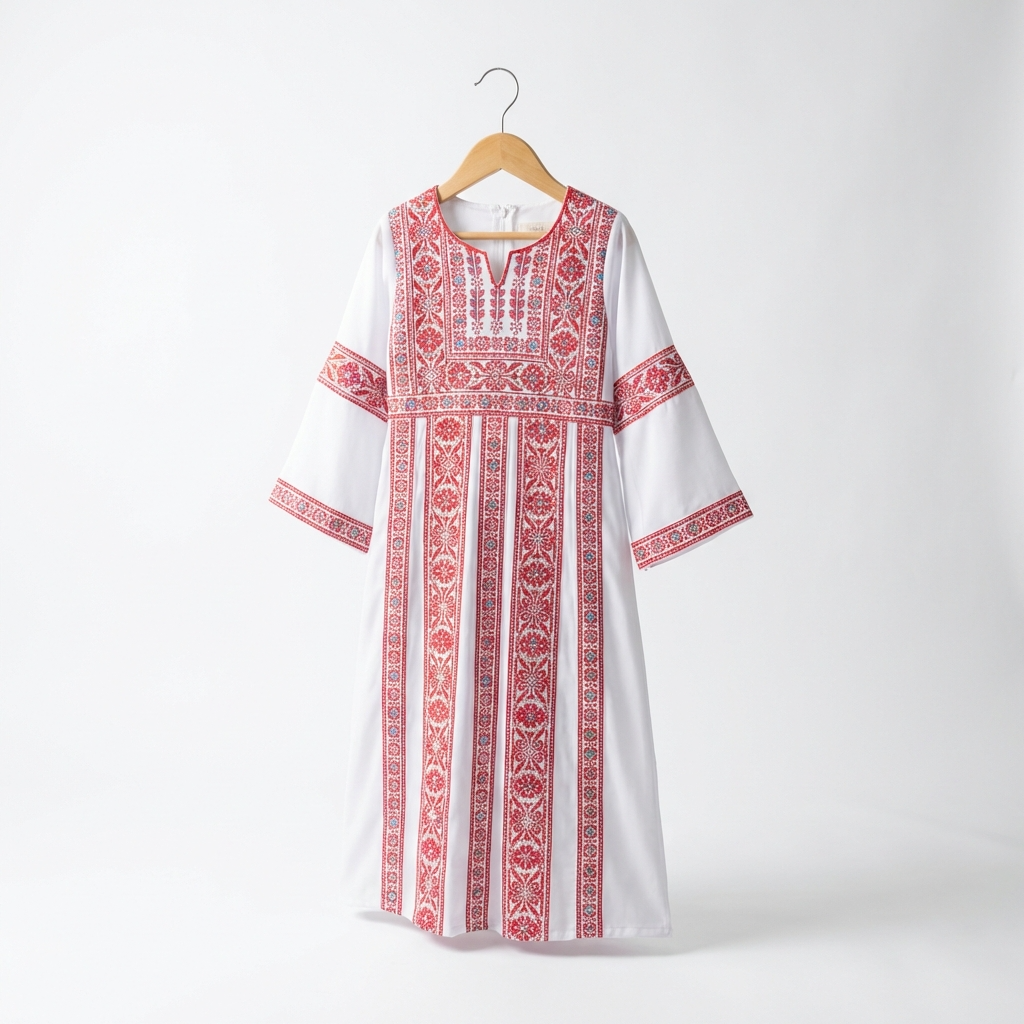 Kids Palestinian Thobe Traditional Dress | White with Red Tatreez Embroidery – Sizes Toddler to Youth