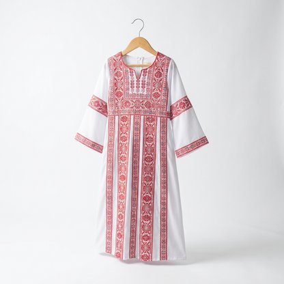 Kids Palestinian Thobe Traditional Dress | White with Red Tatreez Embroidery – Sizes Toddler to Youth