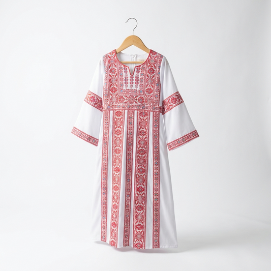 Kids Palestinian Thobe Traditional Dress | White with Red Tatreez Embroidery – Sizes Toddler to Youth