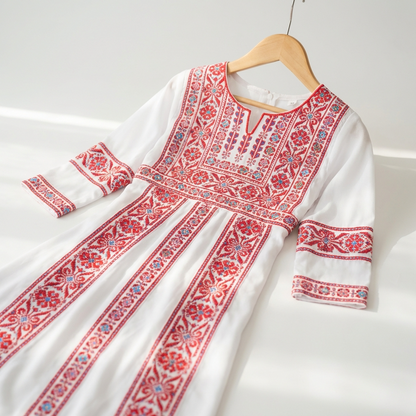 Kids Palestinian Thobe Traditional Dress | White with Red Tatreez Embroidery – Sizes Toddler to Youth