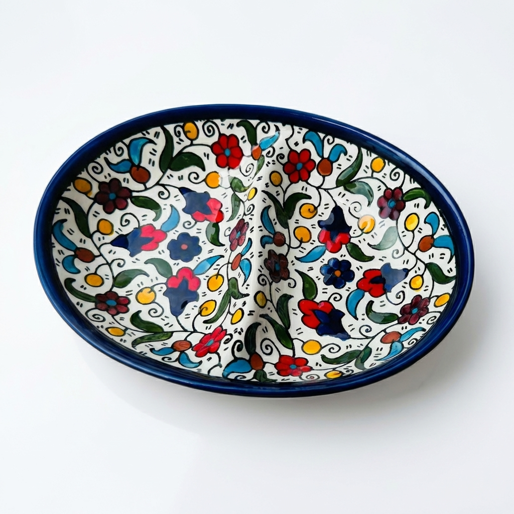 Double Dip Oval Ceramic Dish - Hand-Painted in Palestine