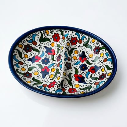 Double Dip Oval Ceramic Dish - Hand-Painted in Palestine