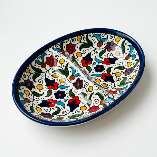 Double Dip Oval Ceramic Dish - Hand-Painted in Palestine