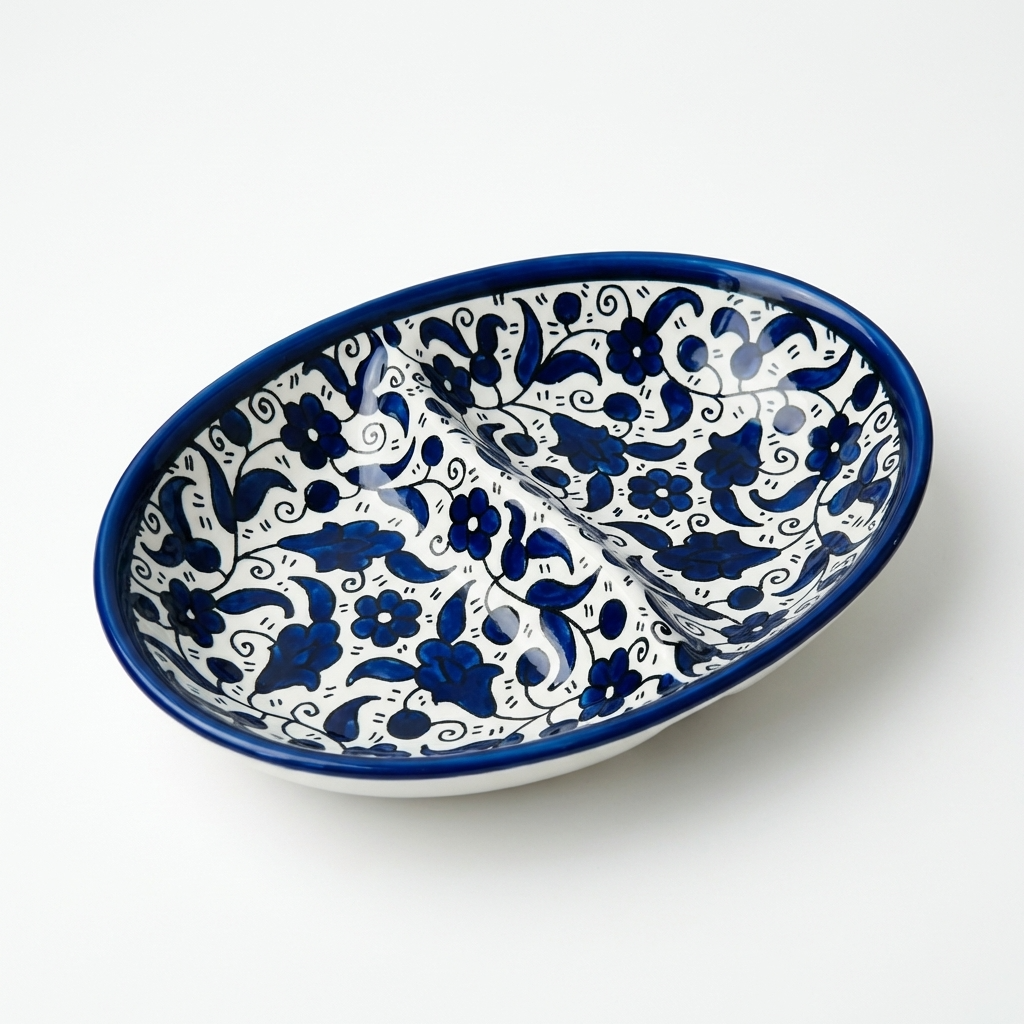 Double Dip Oval Ceramic Dish - Hand-Painted in Palestine