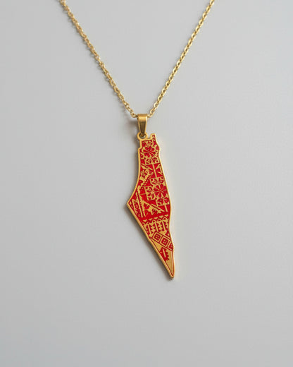Palestine Map Red Tatreez Design | 18k Gold Plating