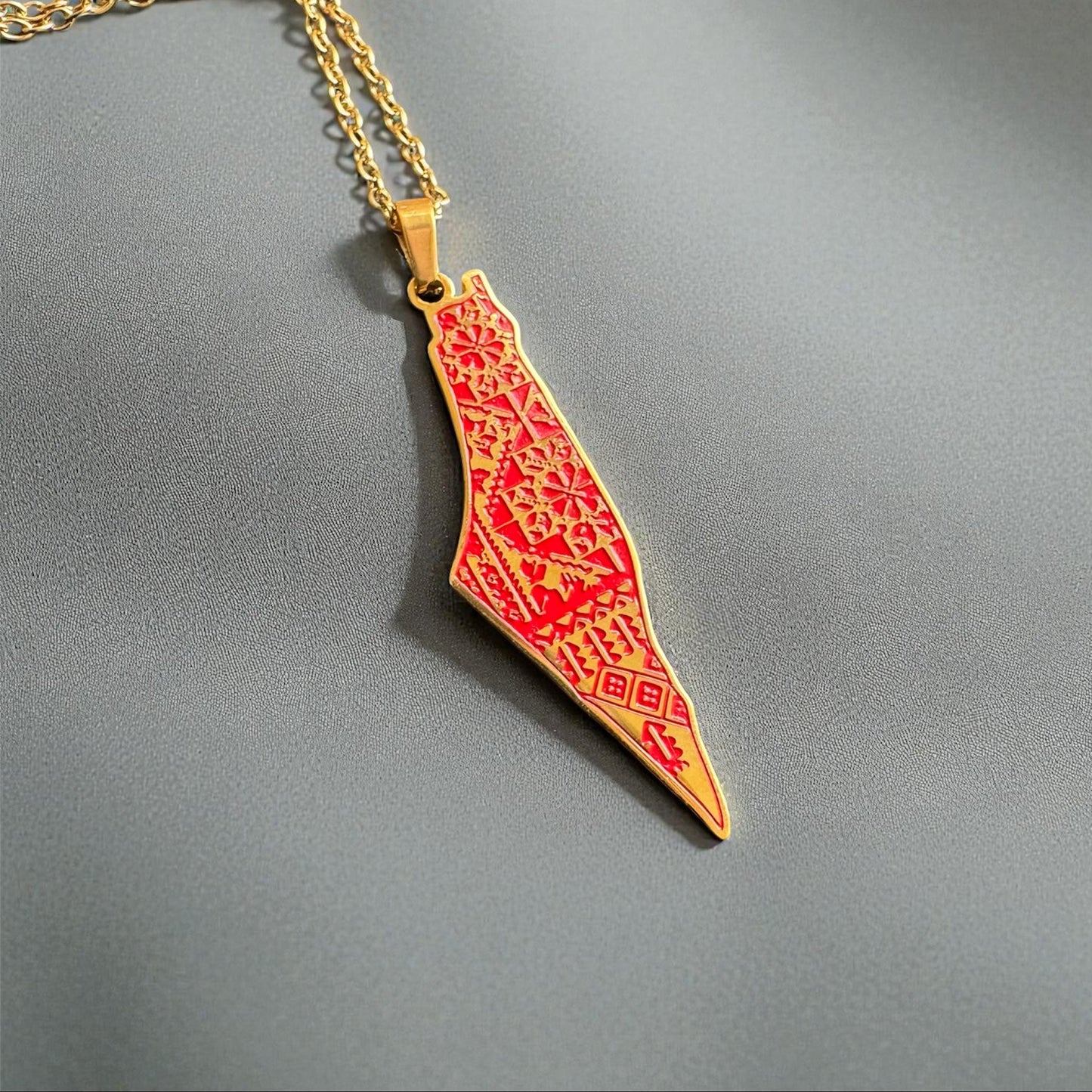 Palestine Map Red Tatreez Design | 18k Gold Plating