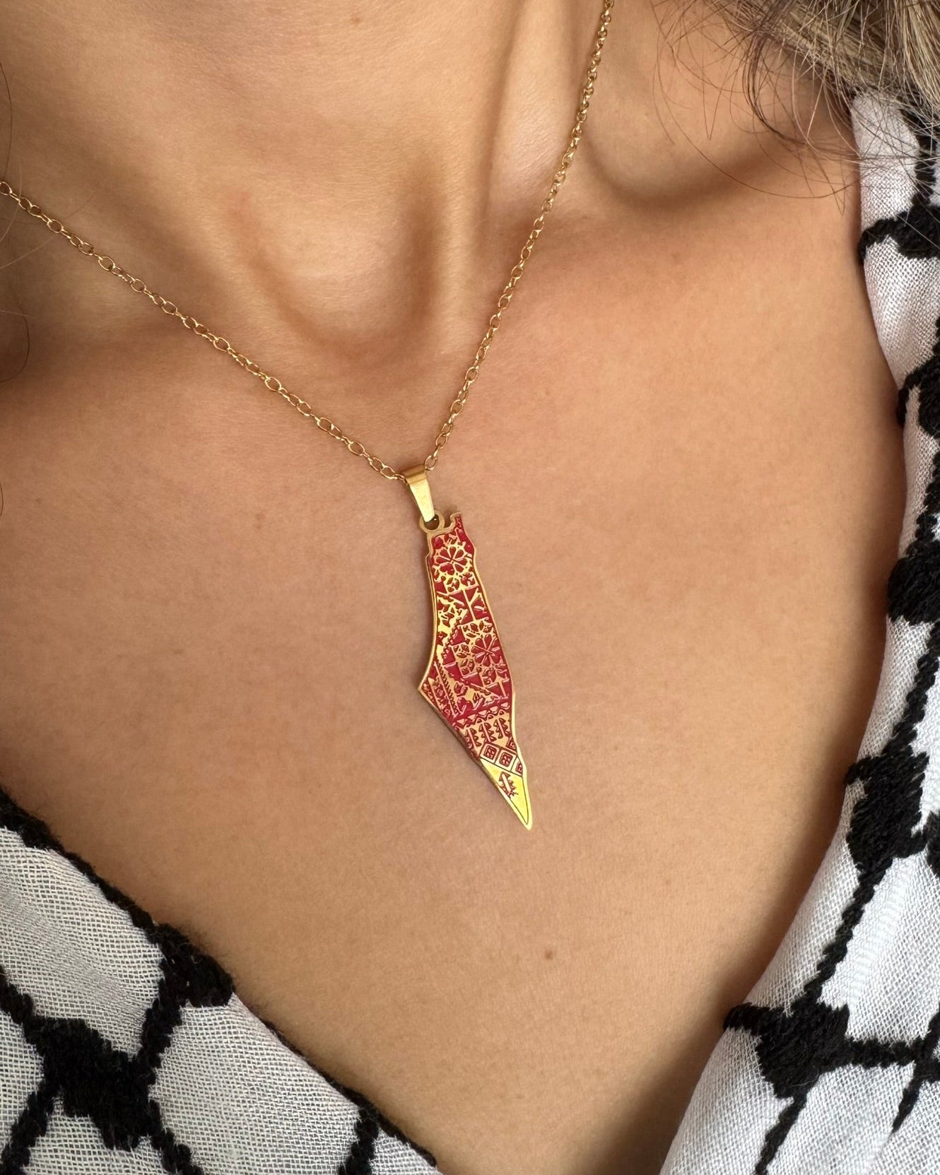 Palestine Map Red Tatreez Design | 18k Gold Plating