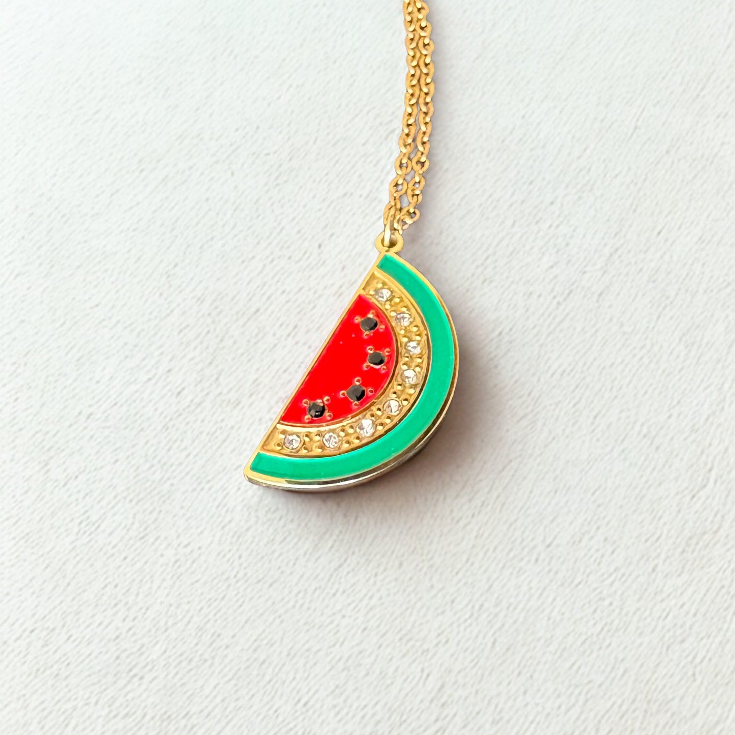 Watermelon Rhinestone Necklace | Enamel 18K Gold Plated