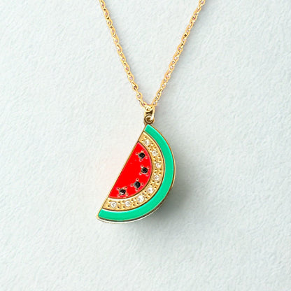 Watermelon Rhinestone Necklace | Enamel 18K Gold Plated