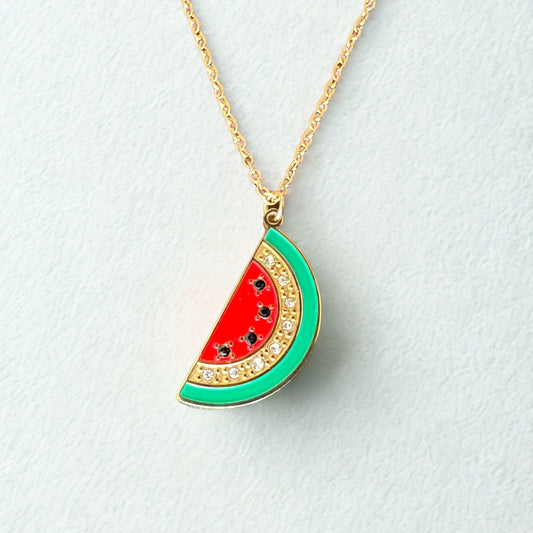 Watermelon Rhinestone Necklace | Enamel 18K Gold Plated