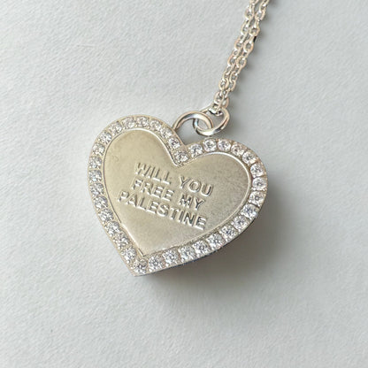 Rhinestone Heart Necklace | "Will You Free My Palestine"