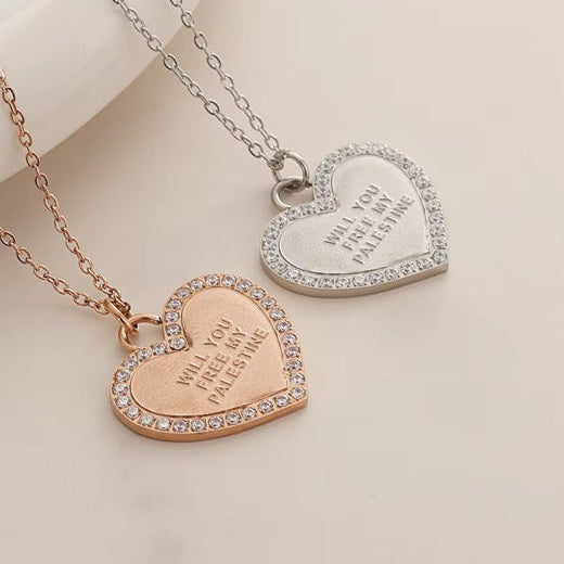 Rhinestone Heart Necklace | "Will You Free My Palestine"