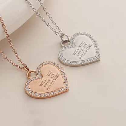 Rhinestone Heart Necklace | "Will You Free My Palestine"