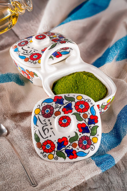 Olive Oil & Za’atar Double Dip Dish – Hand-Painted Palestinian Ceramic | Multicolor & Navy
