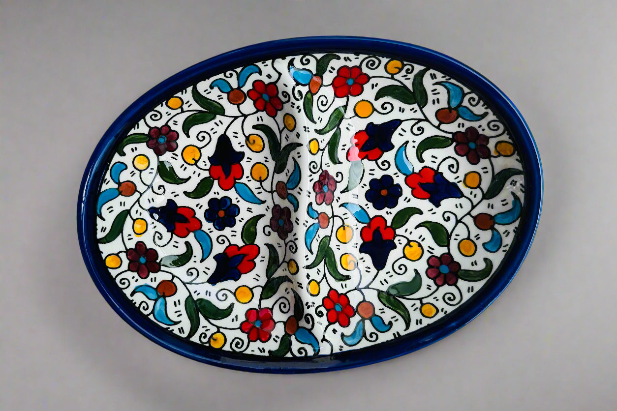 Oval Double Dip Side – Hand-Painted Palestinian Ceramic | Multicolor & Navy