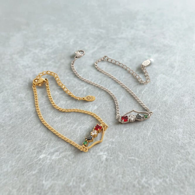 Palestine Map Bracelet - Flag Colored Stones | Silver & Gold